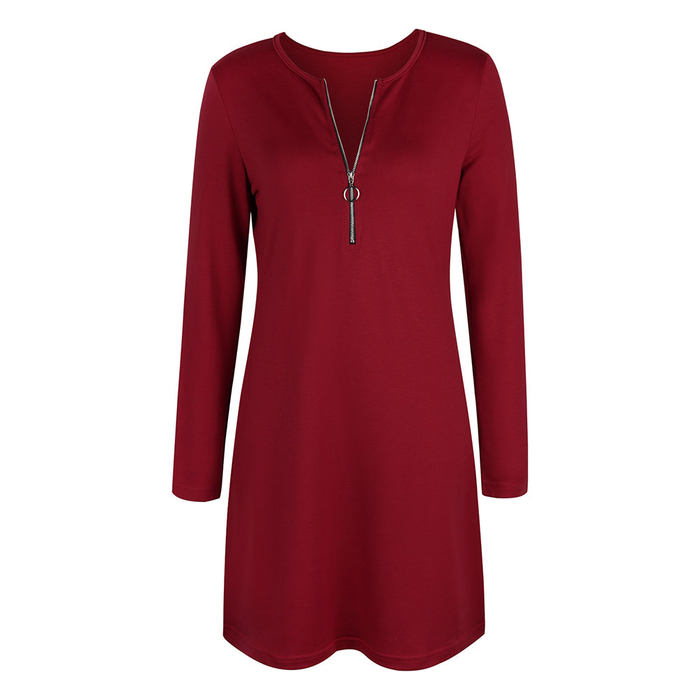 YESFASHION Women Solid Zip Long Sleeve V-neck Dress