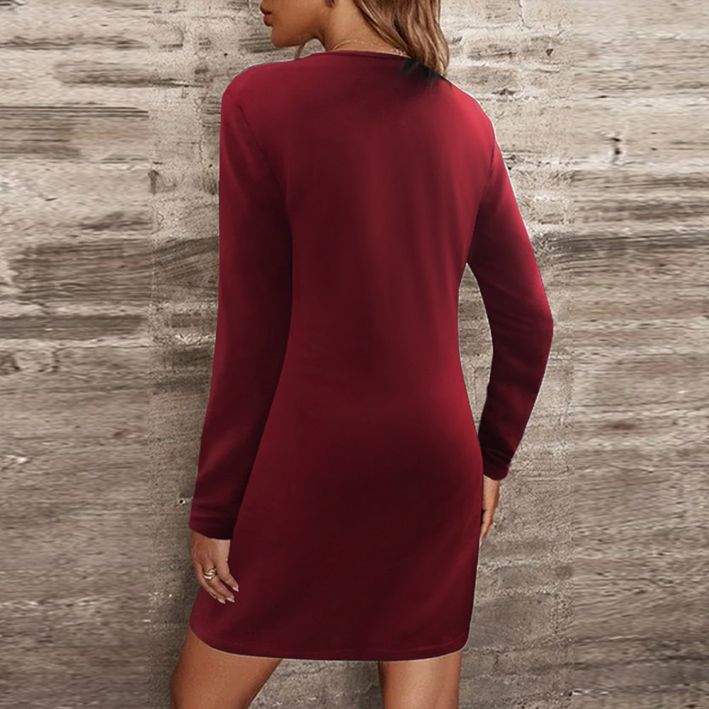 YESFASHION Women Solid Zip Long Sleeve V-neck Dress