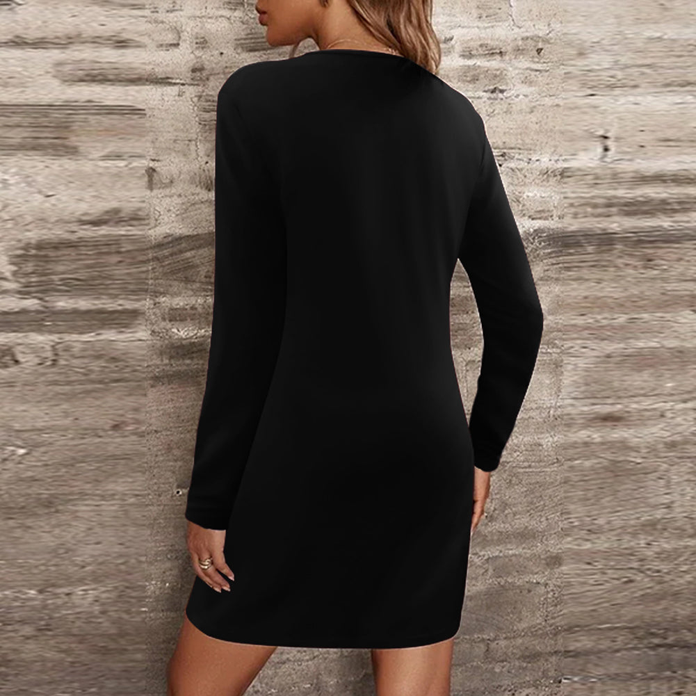 YESFASHION Women Solid Zip Long Sleeve V-neck Dress