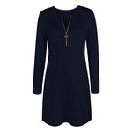 YESFASHION Women Solid Zip Long Sleeve V-neck Dress