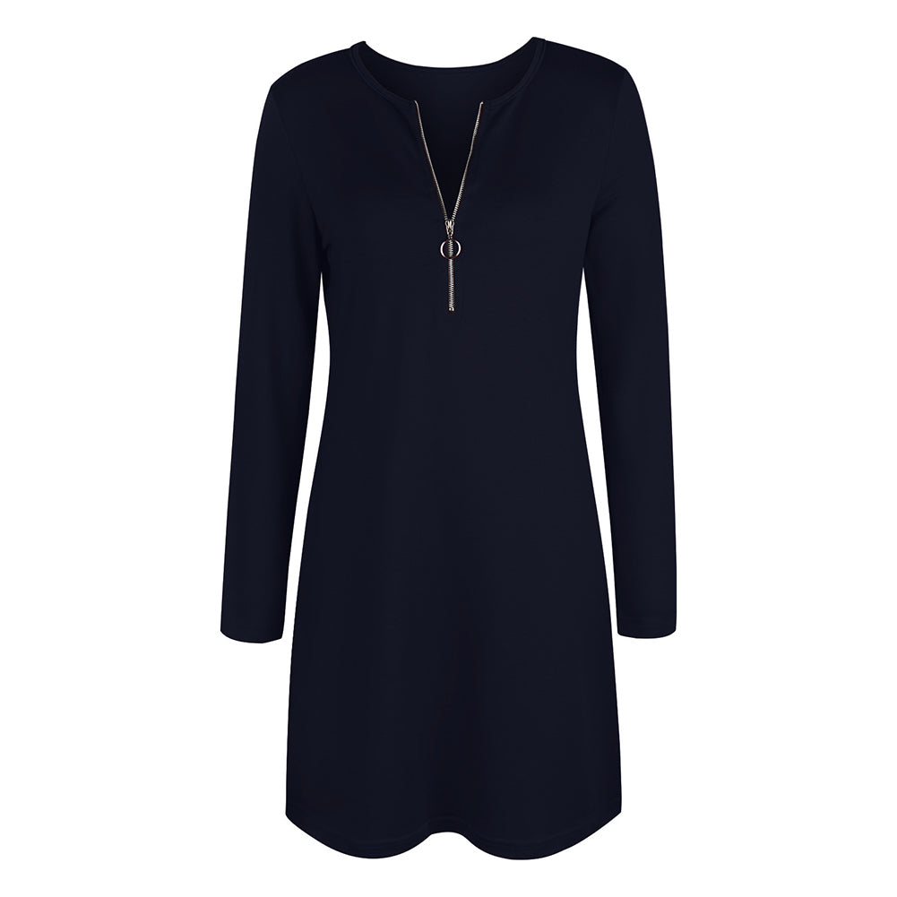 YESFASHION Women Solid Zip Long Sleeve V-neck Dress