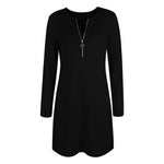 YESFASHION Women Solid Zip Long Sleeve V-neck Dress