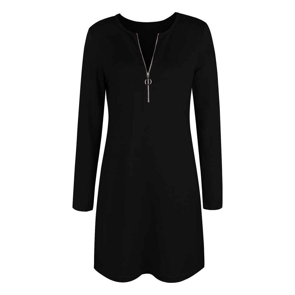 YESFASHION Women Solid Zip Long Sleeve V-neck Dress