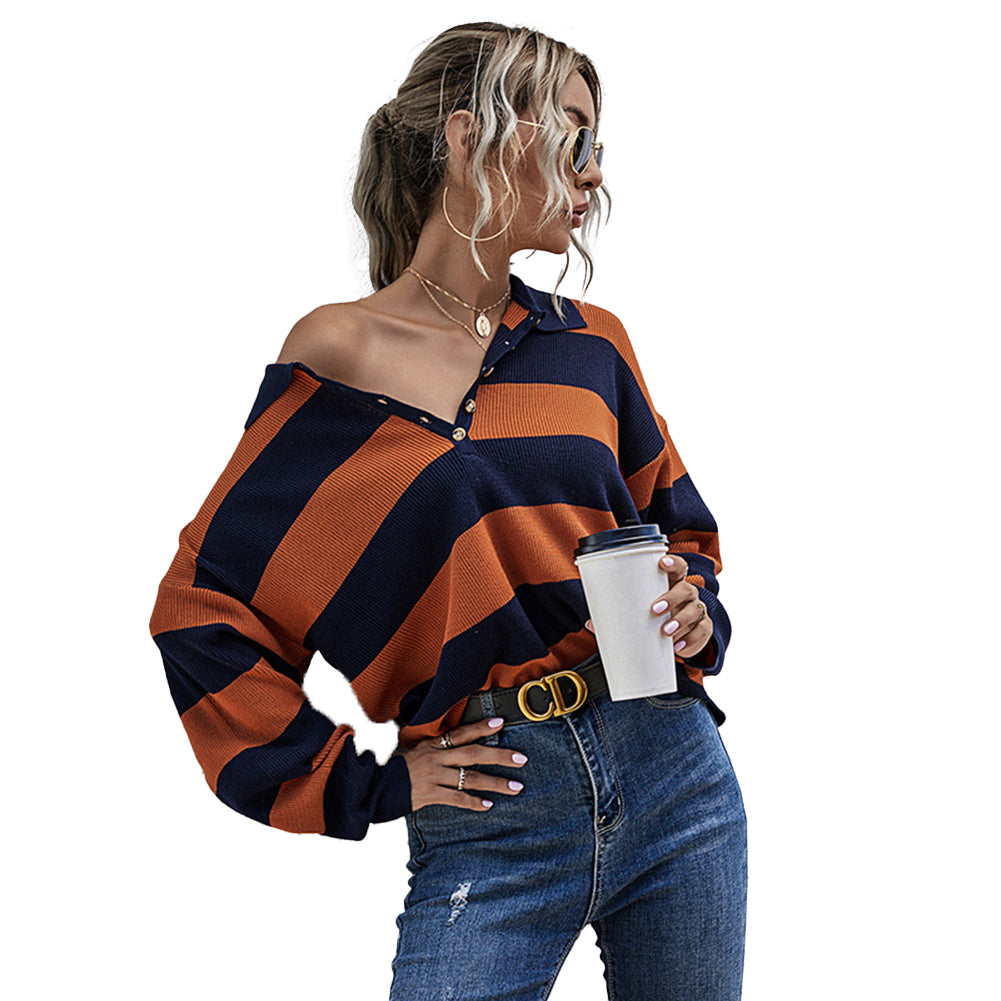YESFASHION Striped Tops Women Lapel Contrast Knit Sweaters