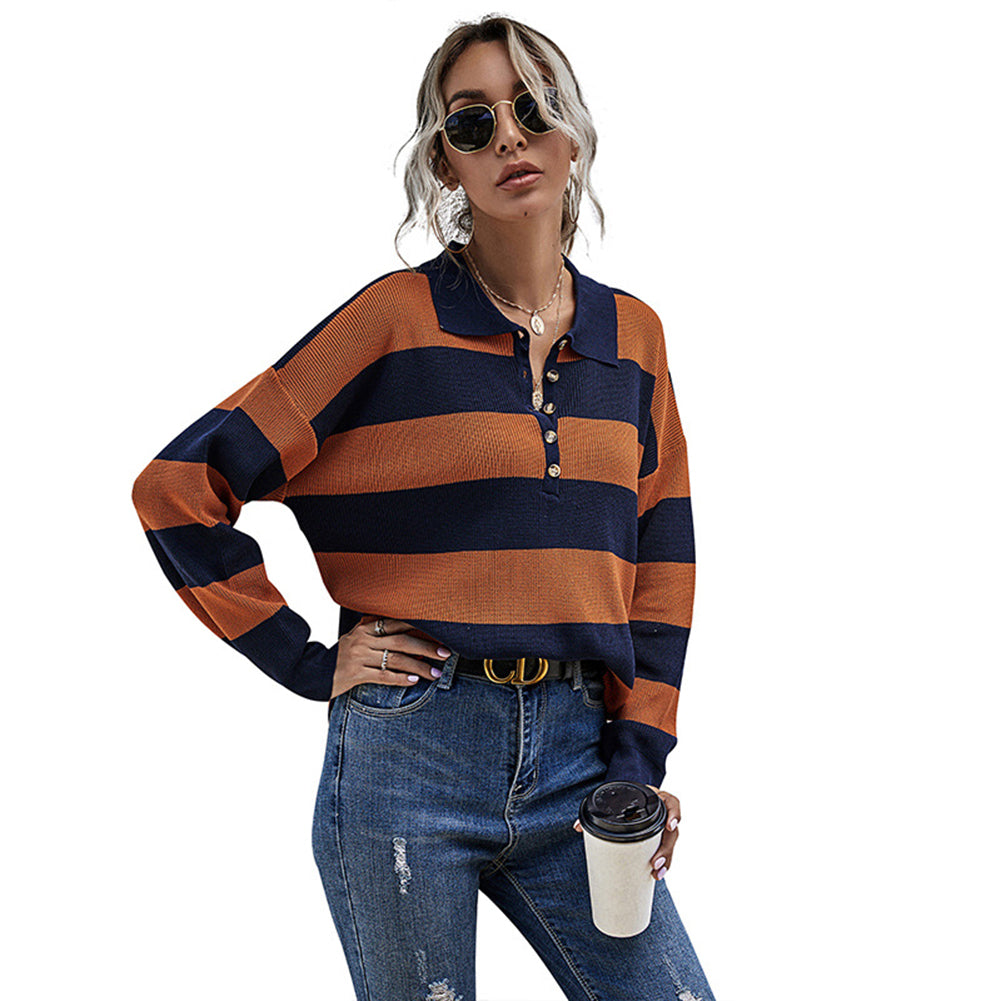 YESFASHION Striped Tops Women Lapel Contrast Knit Sweaters