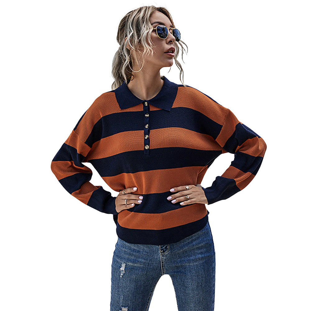 YESFASHION Striped Tops Women Lapel Contrast Knit Sweaters