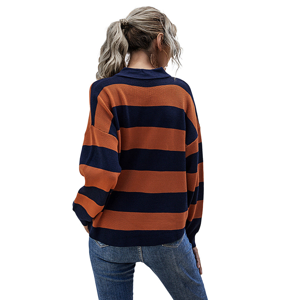 YESFASHION Striped Tops Women Lapel Contrast Knit Sweaters