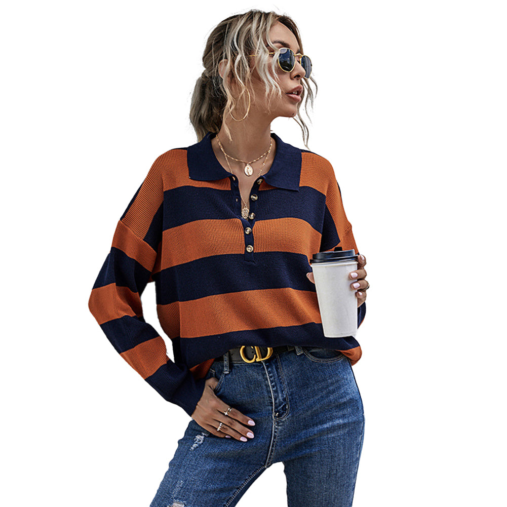 YESFASHION Striped Tops Women Lapel Contrast Knit Sweaters