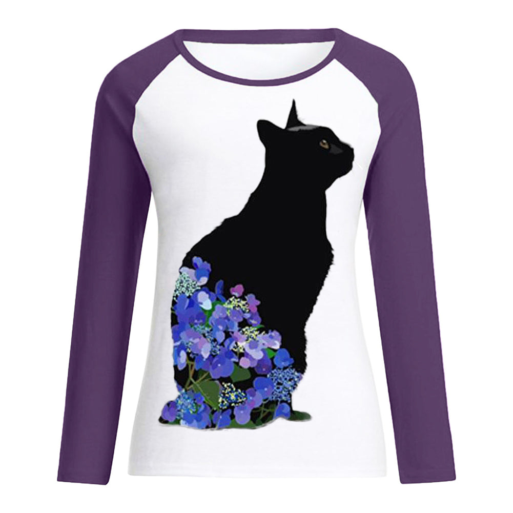 YESFASHION Women Cat Casual Crew Neck Long Sleeve Tops T-shirt