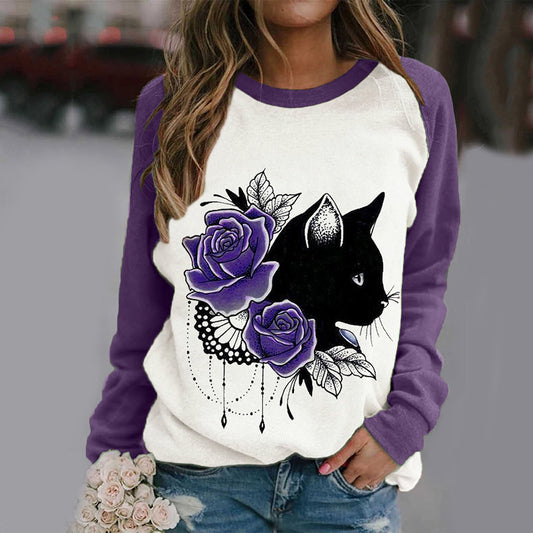 YESFASHION Women Cat Casual Crew Neck Long Sleeve Tops T-shirt