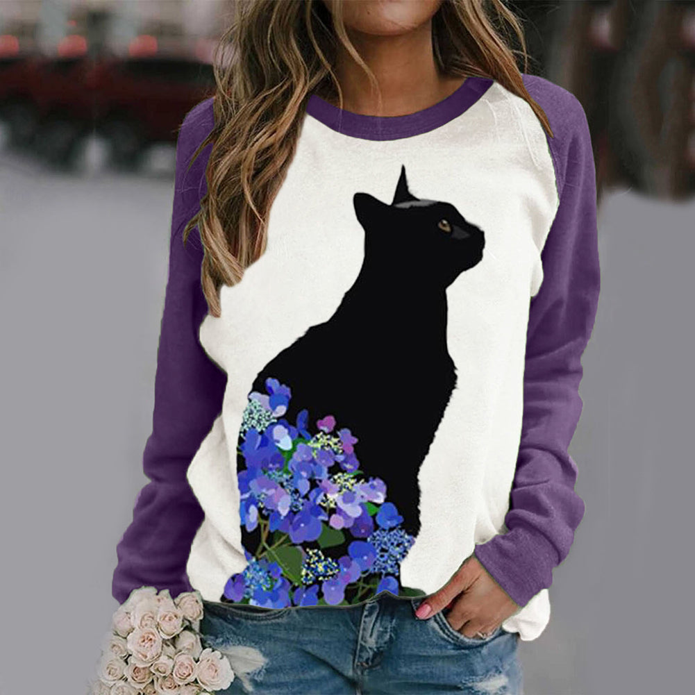 YESFASHION Women Cat Casual Crew Neck Long Sleeve Tops T-shirt