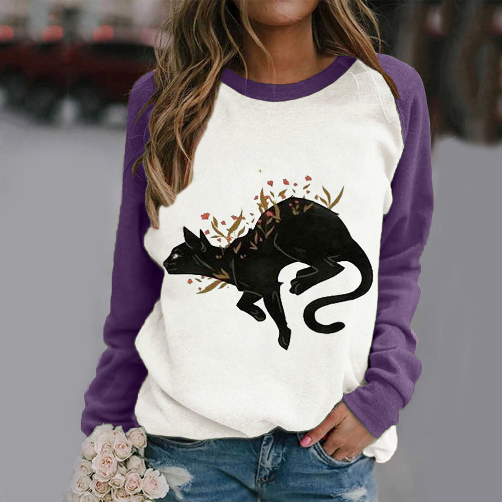 YESFASHION Women Cat Casual Crew Neck Long Sleeve Tops T-shirt