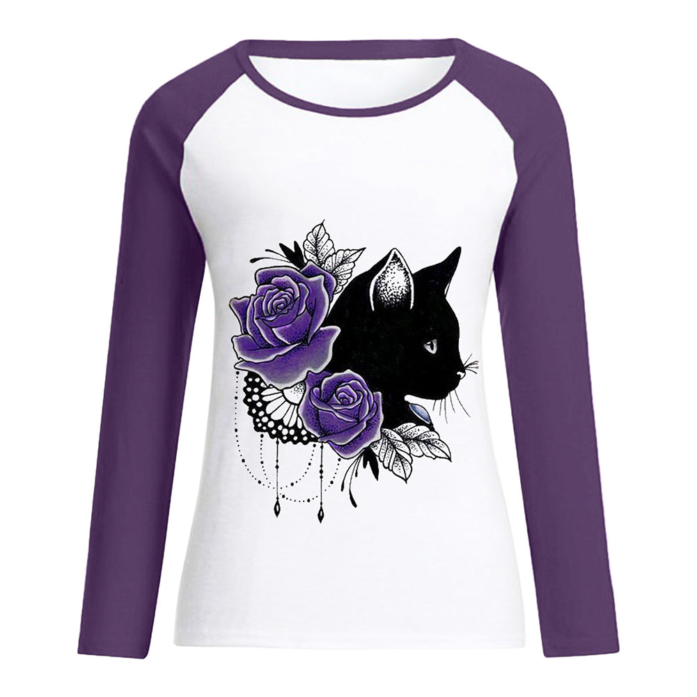 YESFASHION Women Cat Casual Crew Neck Long Sleeve Tops T-shirt