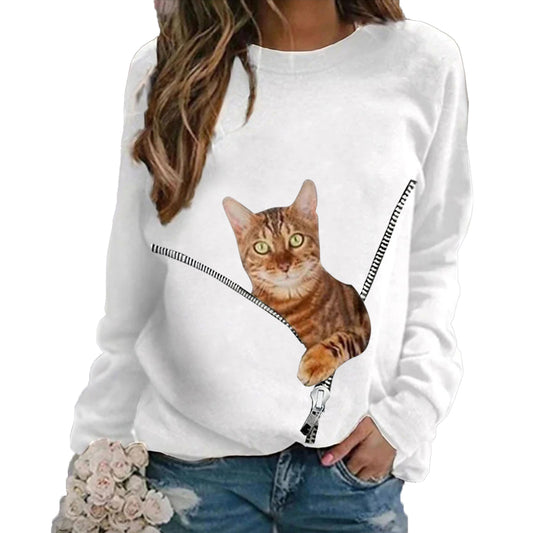 YESFASHION Women Cat Loose Crew Neck Long Sleeve Tops T-shirt