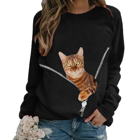 YESFASHION Women Cat Loose Crew Neck Long Sleeve Tops T-shirt