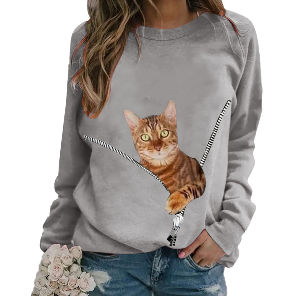 YESFASHION Women Cat Loose Crew Neck Long Sleeve Tops T-shirt