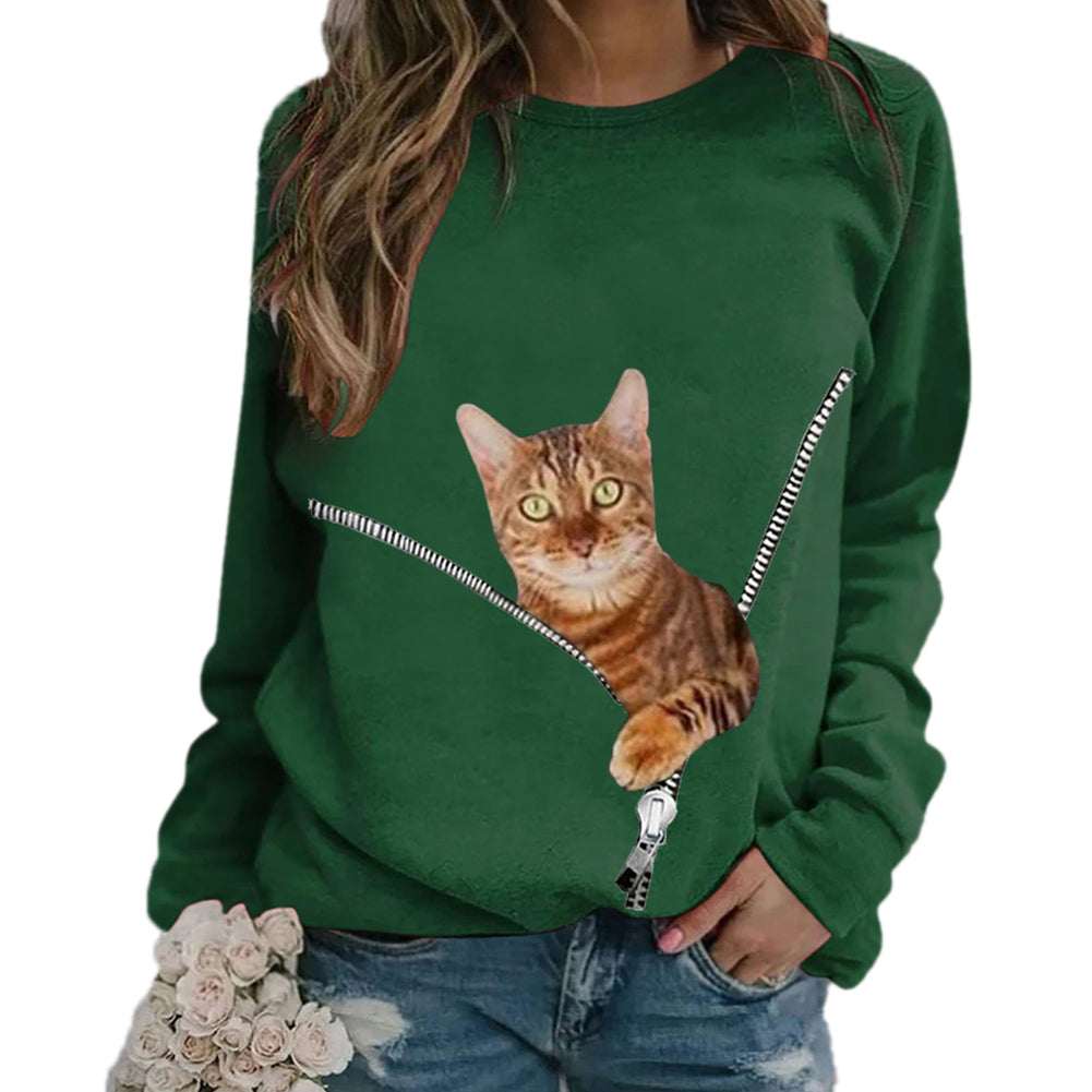 YESFASHION Women Cat Loose Crew Neck Long Sleeve Tops T-shirt