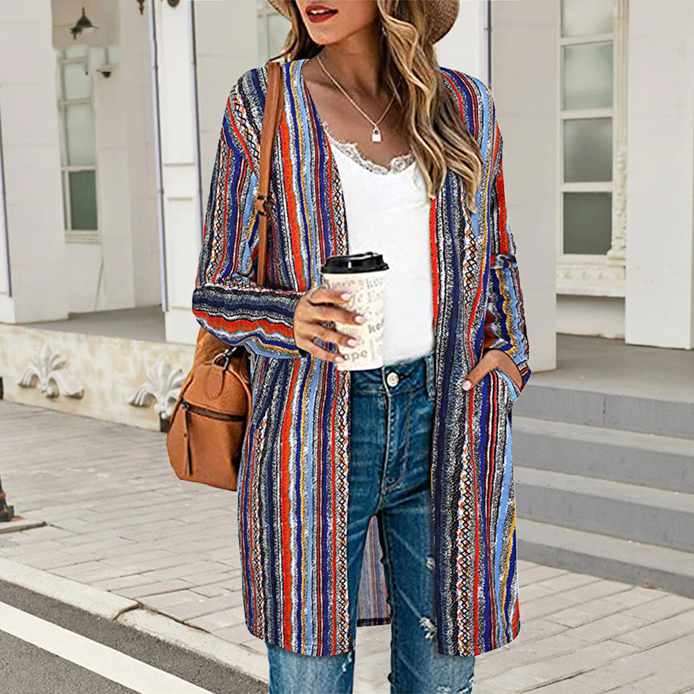 YESFASHION Women Casual Loose Striped Cardigan Tops