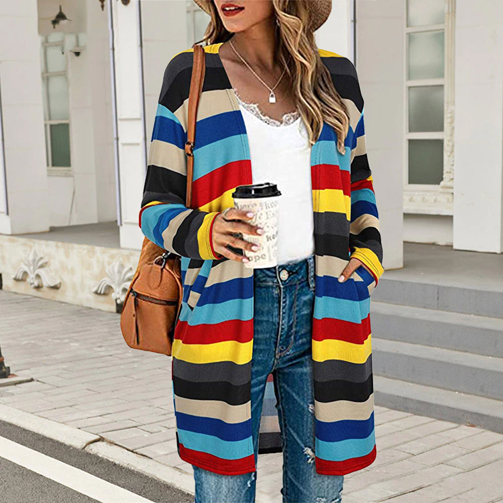 YESFASHION Women Casual Loose Striped Cardigan Tops
