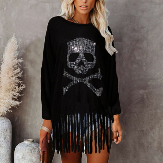 YESFASHION Halloween Tops Diamond Skull Bat Long Sleeve T-shirt