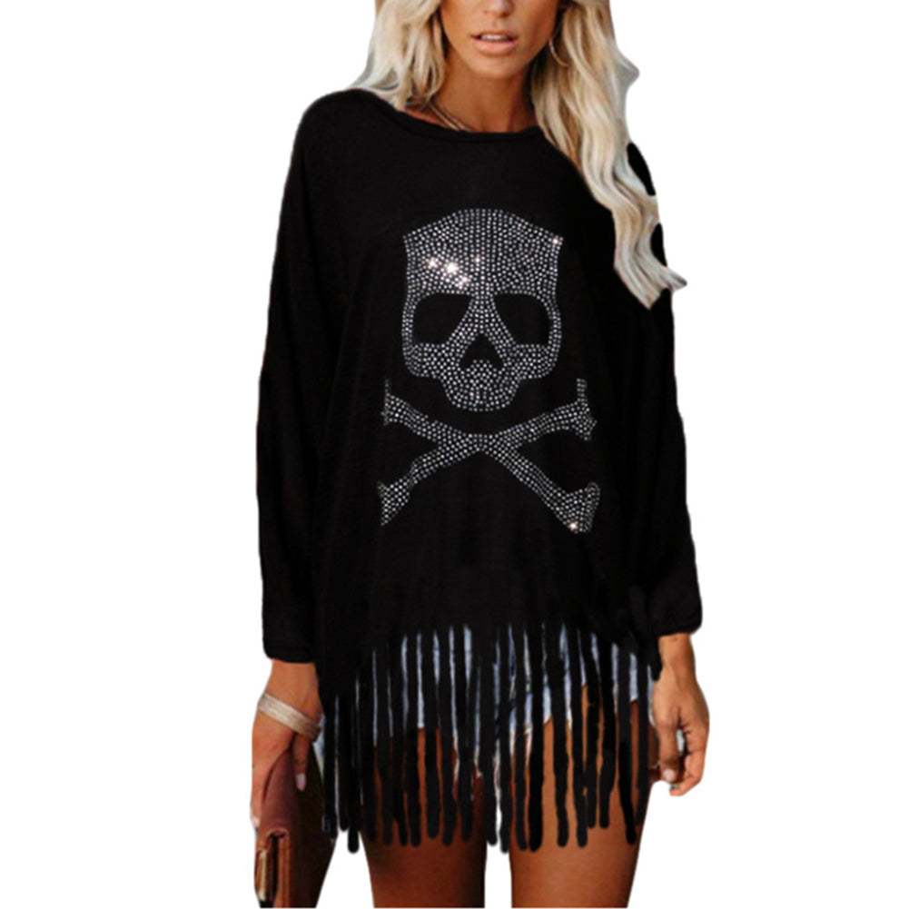 YESFASHION Halloween Tops Diamond Skull Bat Long Sleeve T-shirt