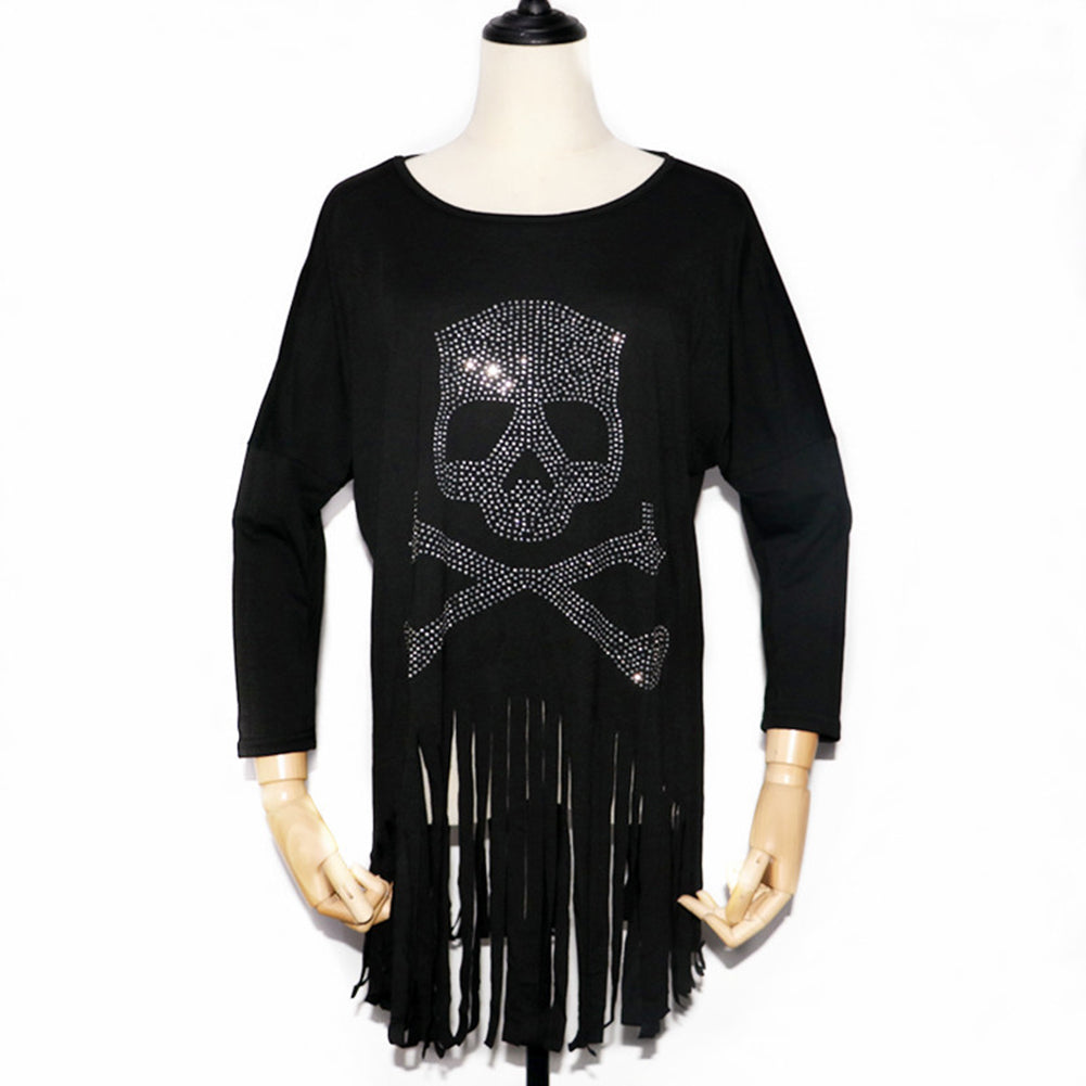 YESFASHION Halloween Tops Diamond Skull Bat Long Sleeve T-shirt