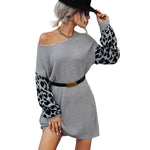 YESFASHION Retro Women Knitted Skirt V-neck Stitching Leopard Sweaters