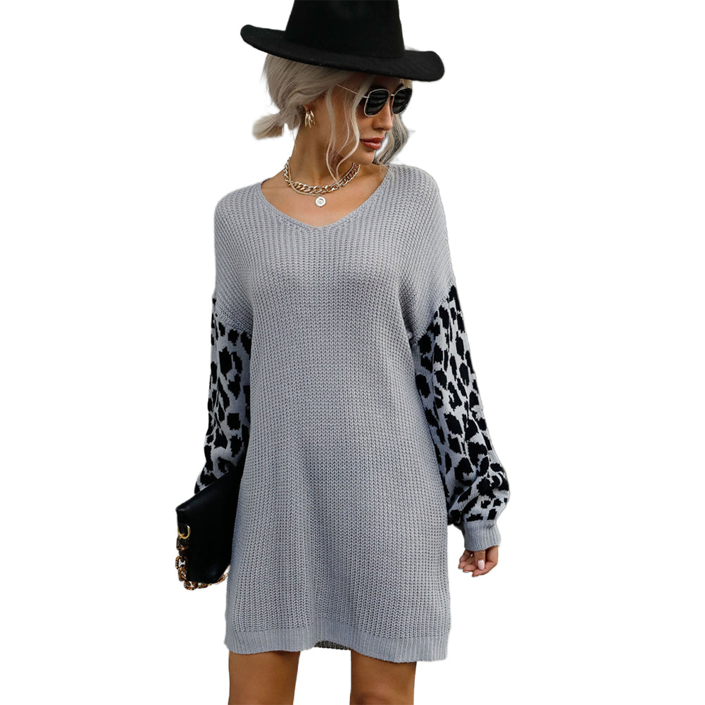 YESFASHION Retro Women Knitted Skirt V-neck Stitching Leopard Sweaters