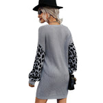 YESFASHION Retro Women Knitted Skirt V-neck Stitching Leopard Sweaters