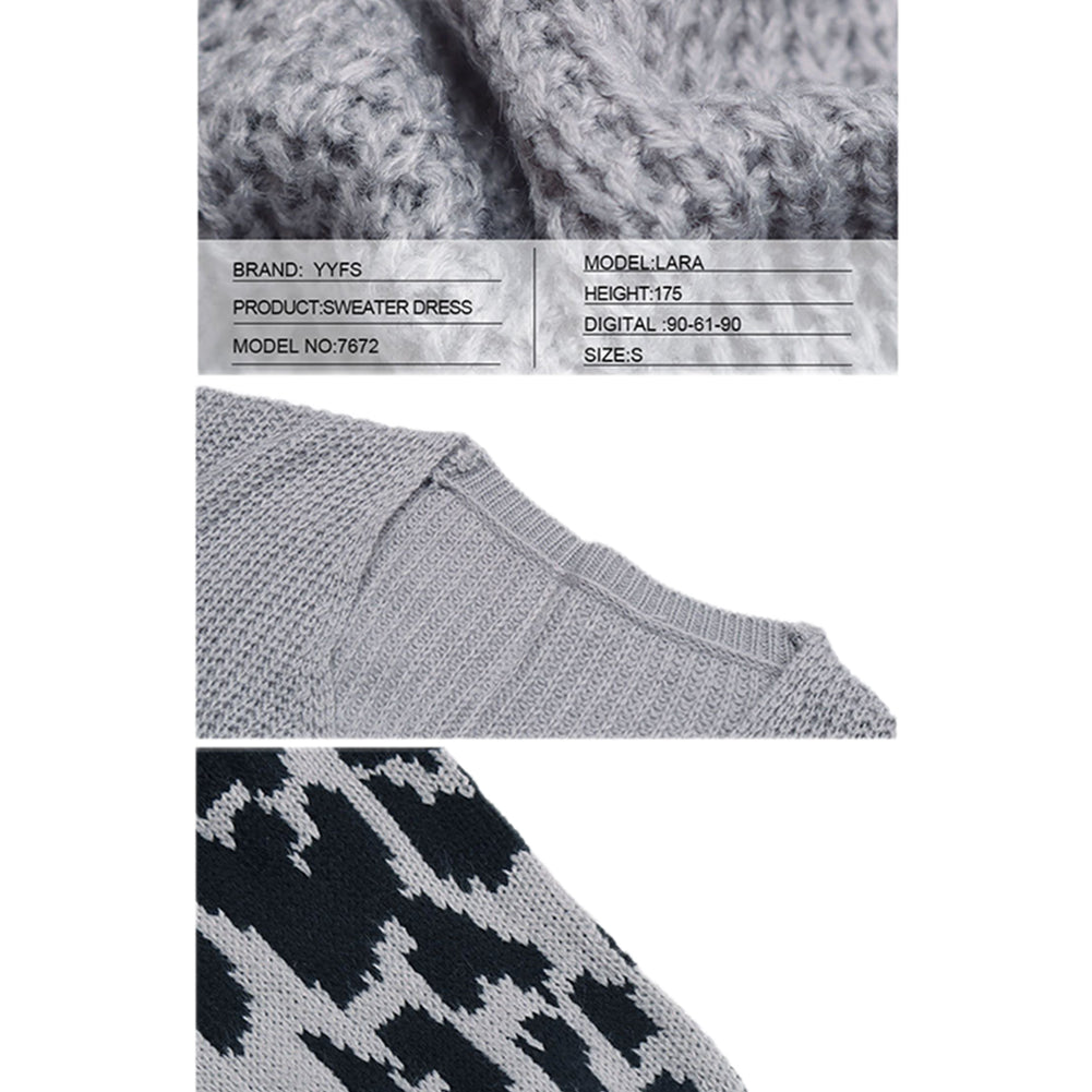 YESFASHION Retro Women Knitted Skirt V-neck Stitching Leopard Sweaters