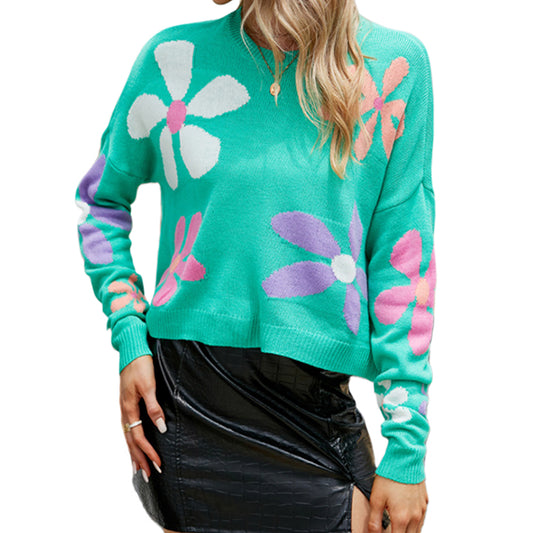 YESFASHION Long Sleeve Crew Neck Floral Contrast Sweaters