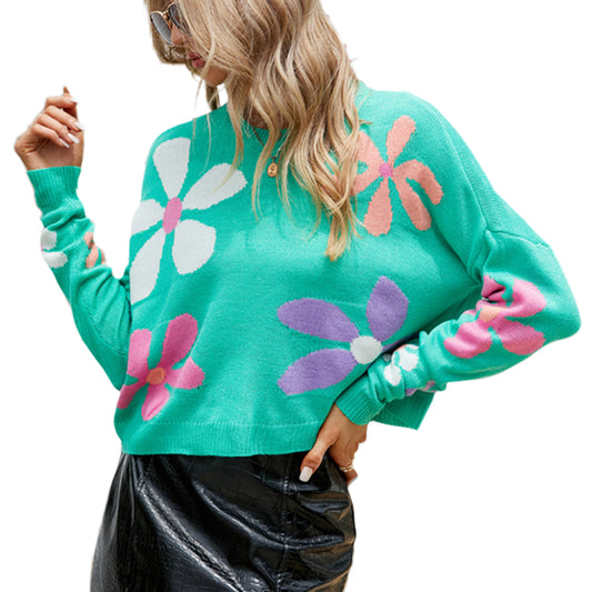 YESFASHION Long Sleeve Crew Neck Floral Contrast Sweaters