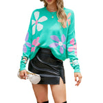 YESFASHION Long Sleeve Crew Neck Floral Contrast Sweaters