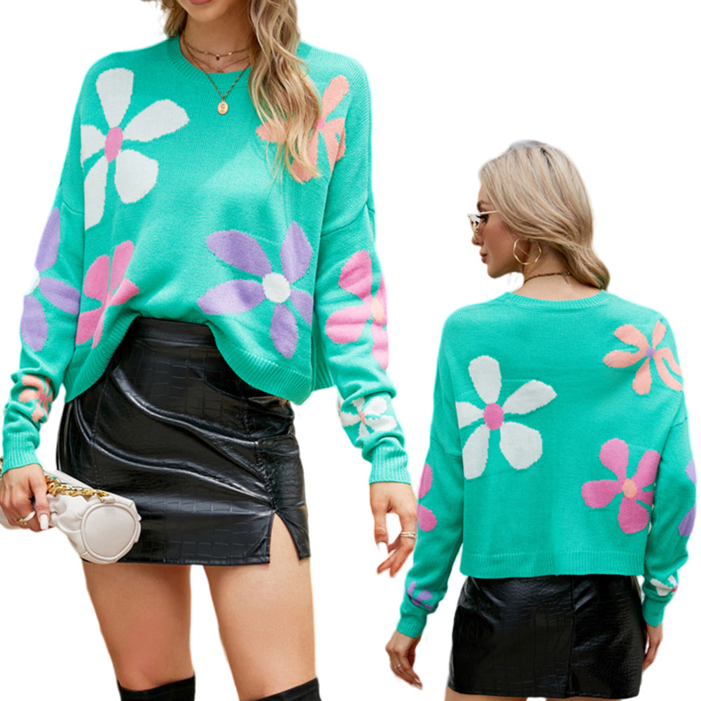 YESFASHION Long Sleeve Crew Neck Floral Contrast Sweaters