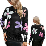 YESFASHION Long Sleeve Crew Neck Floral Contrast Sweaters