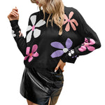 YESFASHION Long Sleeve Crew Neck Floral Contrast Sweaters
