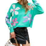 YESFASHION Long Sleeve Crew Neck Floral Contrast Sweaters