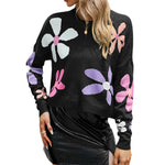 YESFASHION Long Sleeve Crew Neck Floral Contrast Sweaters