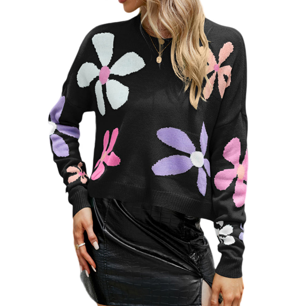 YESFASHION Long Sleeve Crew Neck Floral Contrast Sweaters