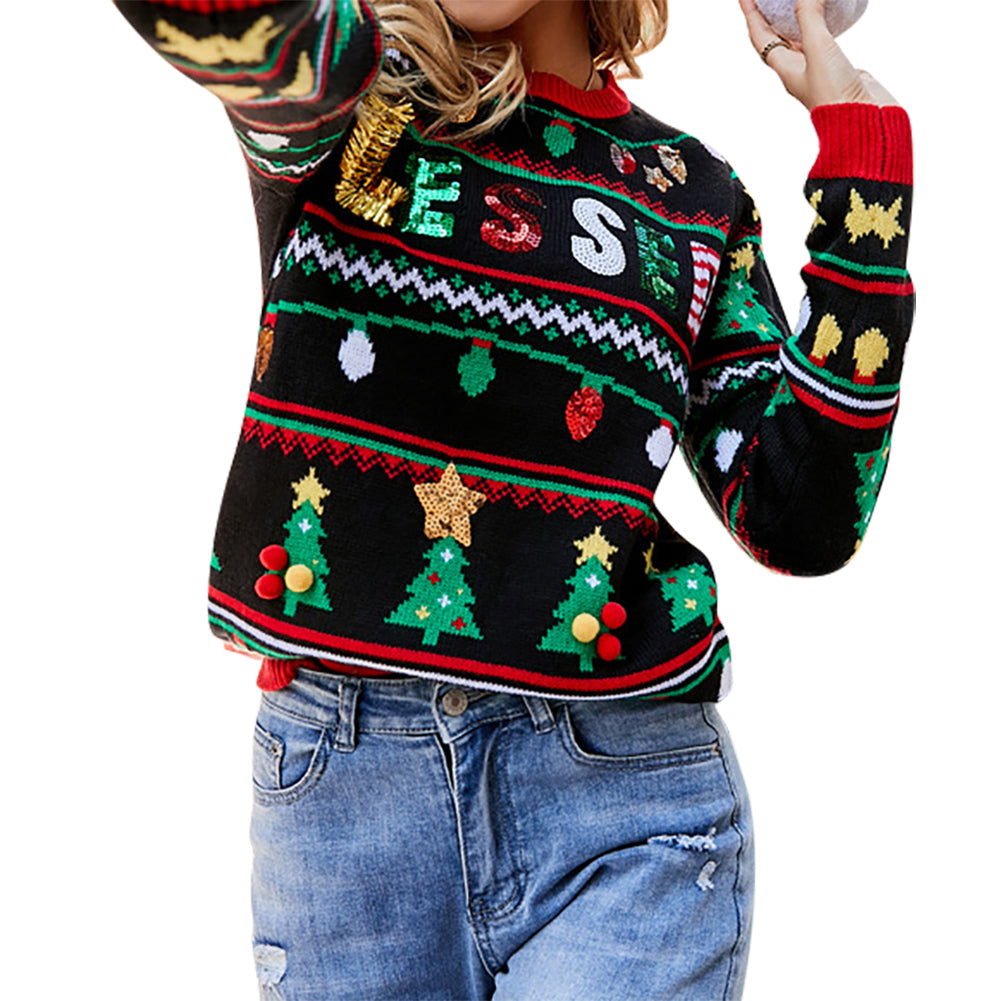 YESFASHION Sequin Knit Loose Pullover Christmas Tree Sweaters