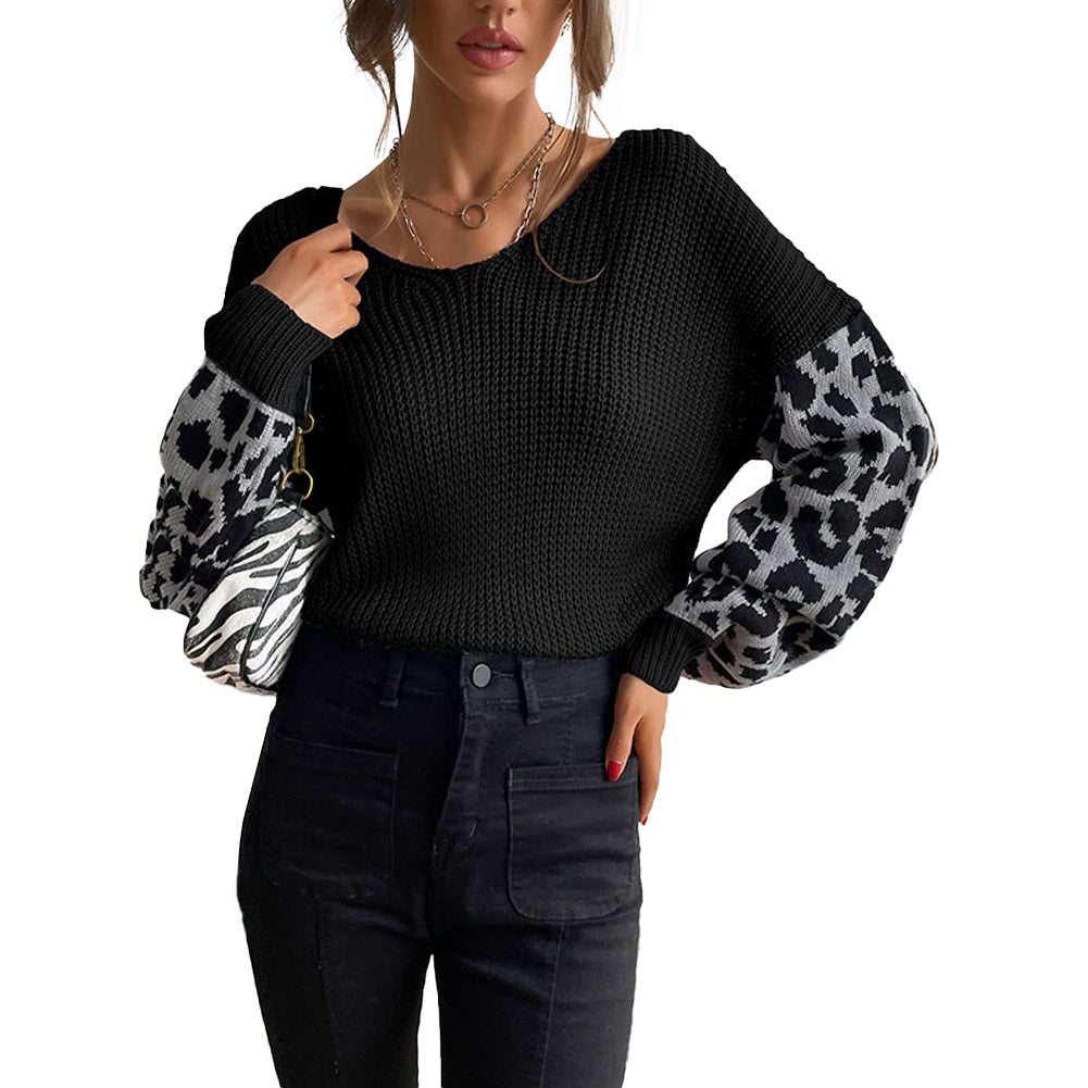 YESFASHION V-neck Knit Pullover Top Loose Lazy Leopard Sweaters