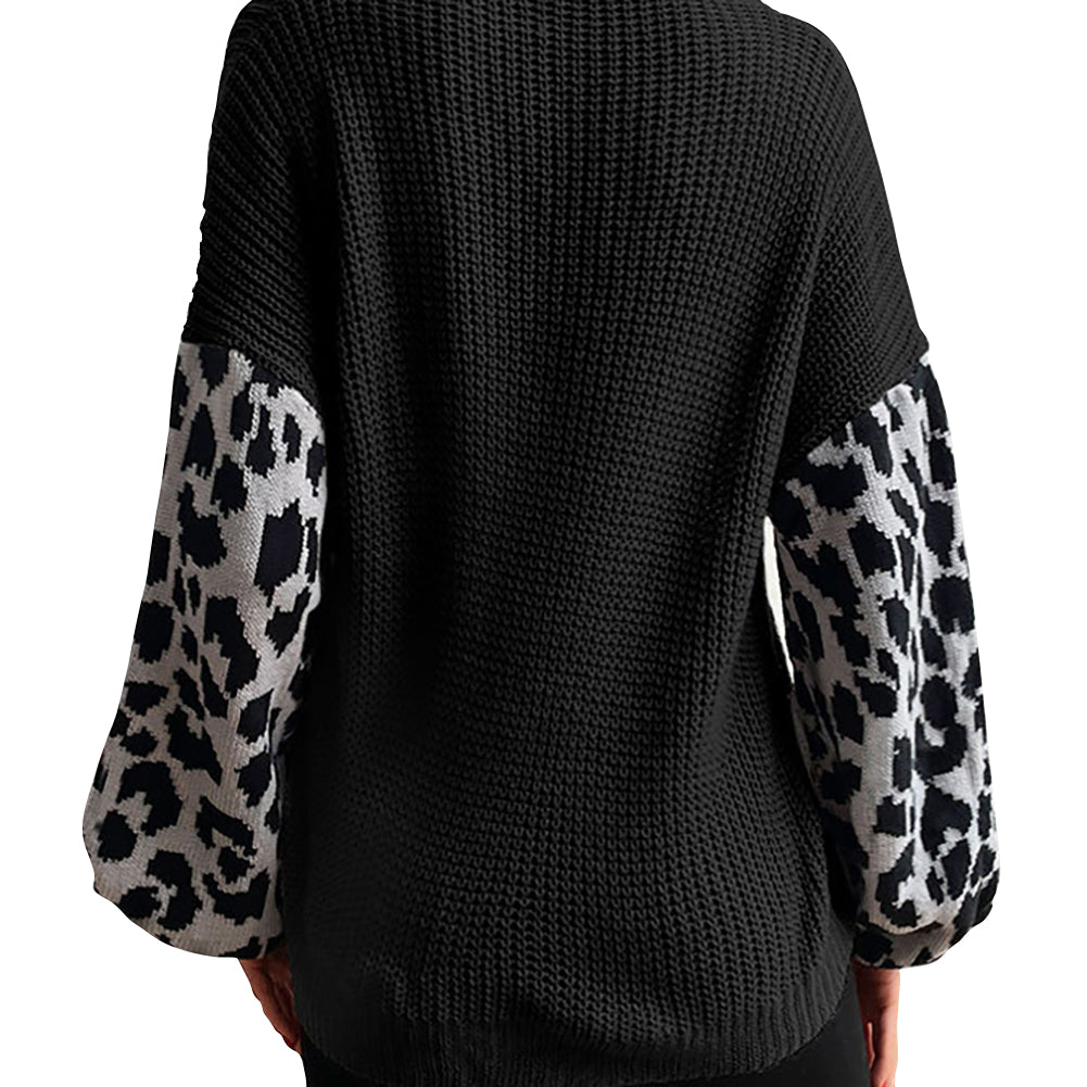YESFASHION V-neck Knit Pullover Top Loose Lazy Leopard Sweaters