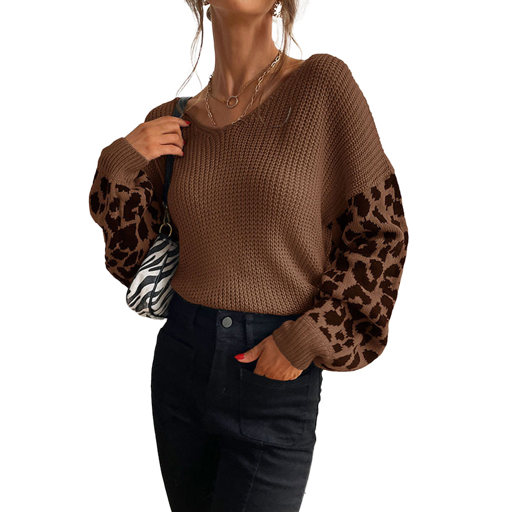 YESFASHION V-neck Knit Pullover Top Loose Lazy Leopard Sweaters