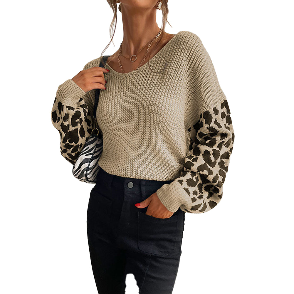 YESFASHION V-neck Knit Pullover Top Loose Lazy Leopard Sweaters