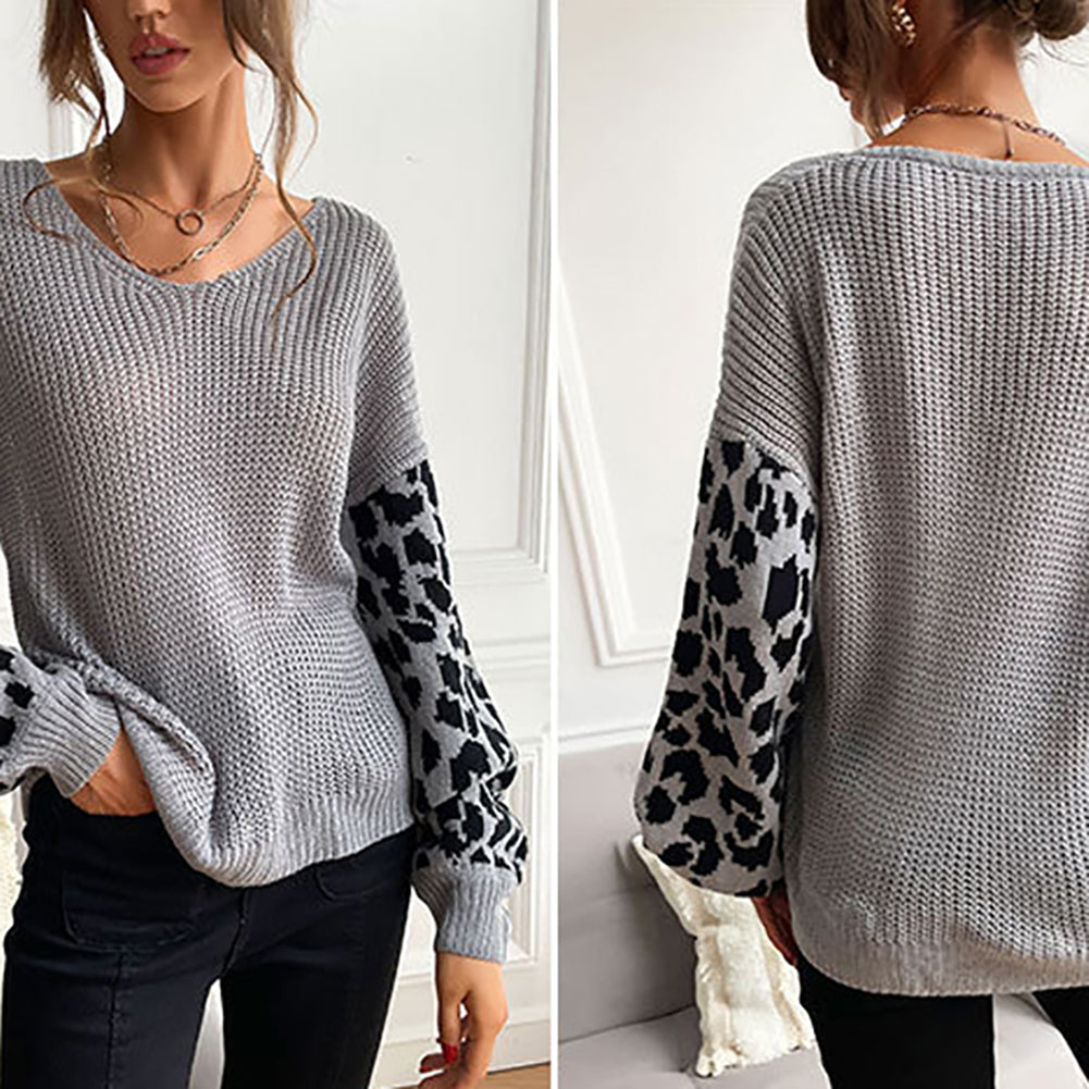 YESFASHION V-neck Knit Pullover Top Loose Lazy Leopard Sweaters