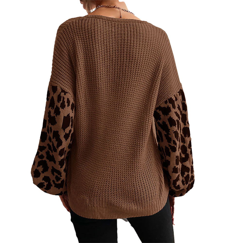 YESFASHION V-neck Knit Pullover Top Loose Lazy Leopard Sweaters