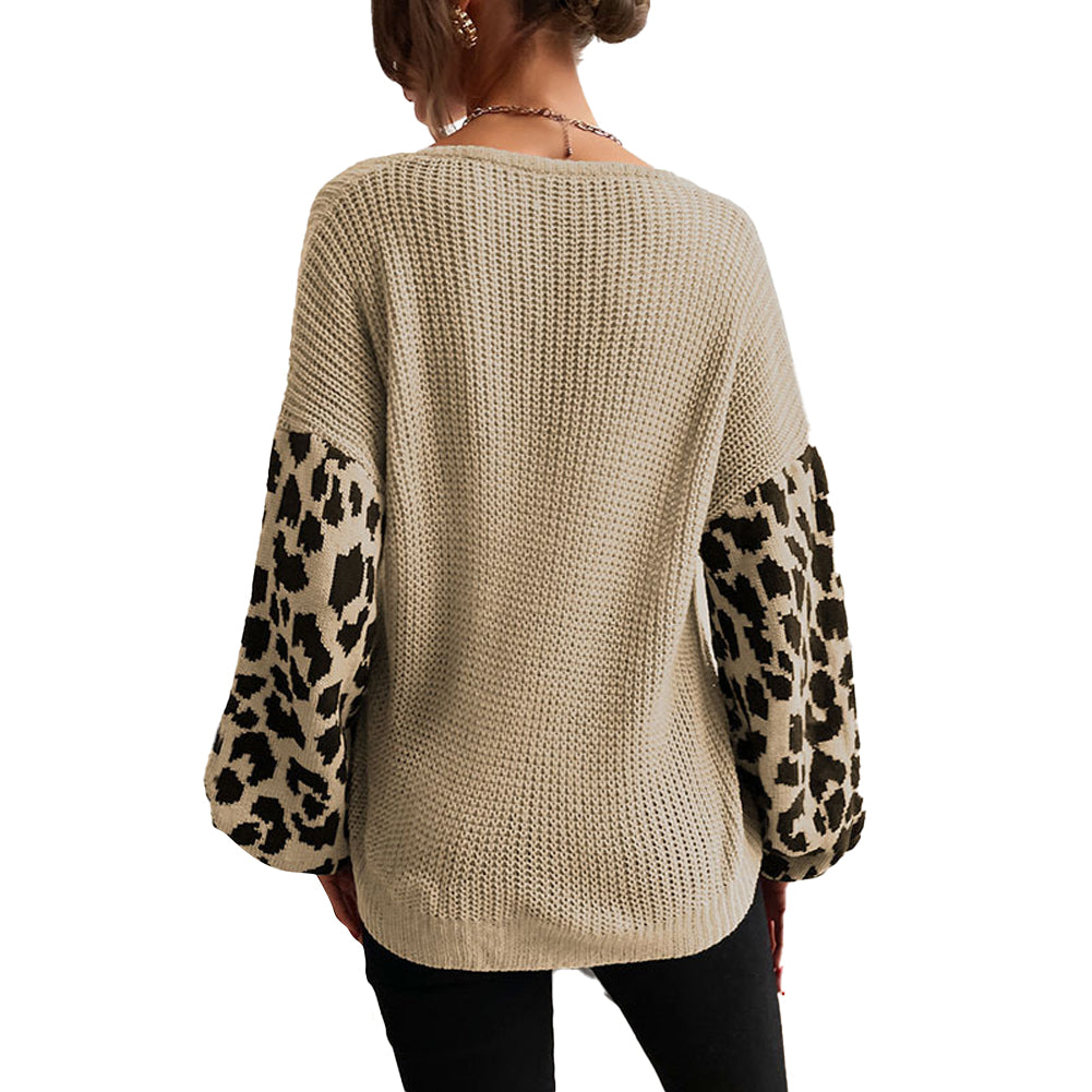 YESFASHION V-neck Knit Pullover Top Loose Lazy Leopard Sweaters