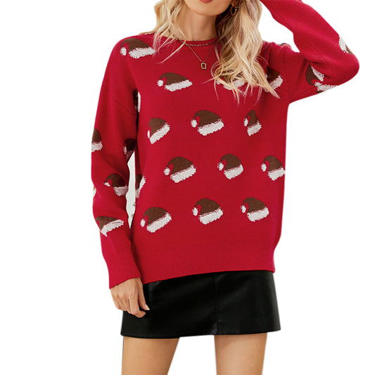 YESFASHION Christmas Hat Sweet Crew Neck Sweaters