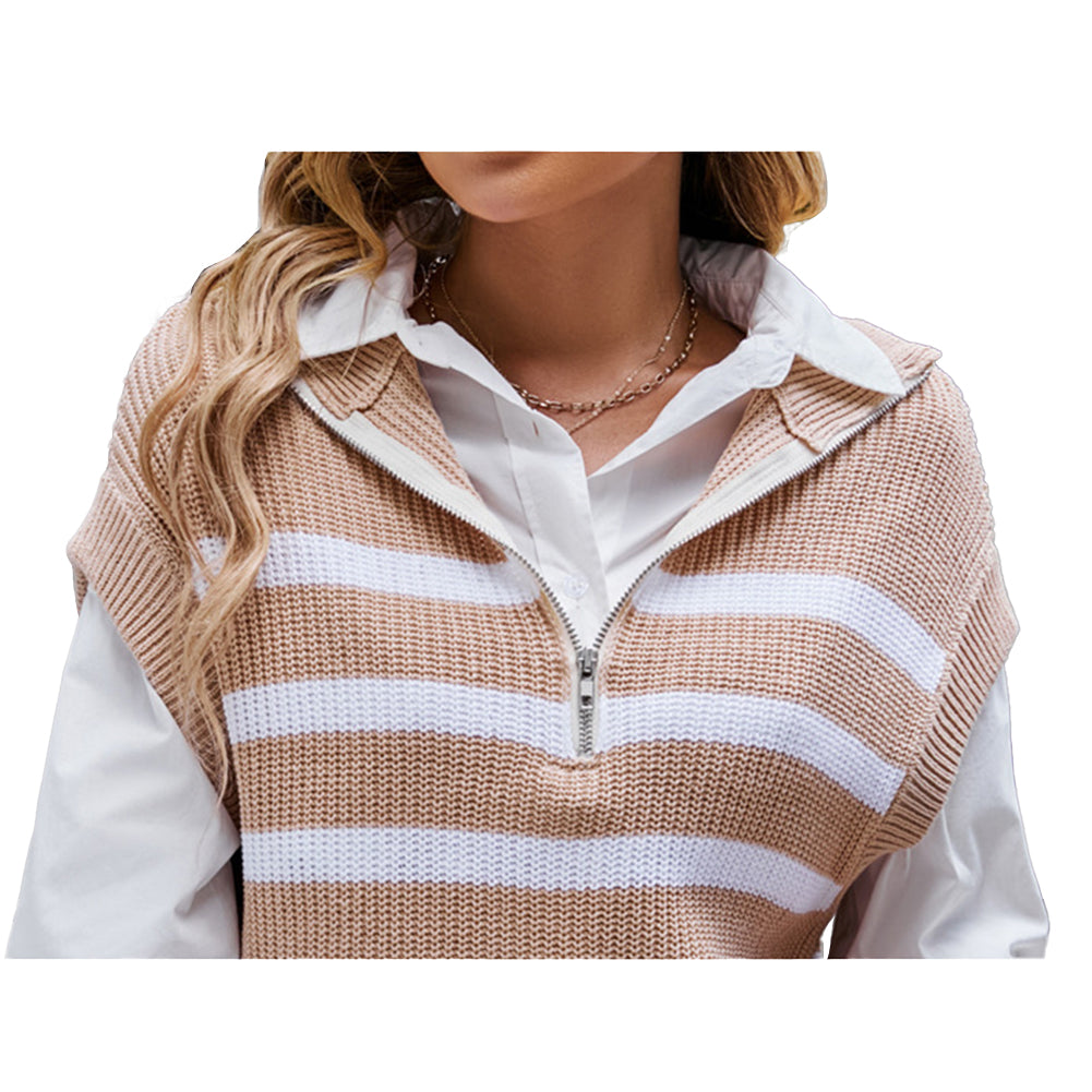 YESFASHION Zip-up Striped Knit Vest