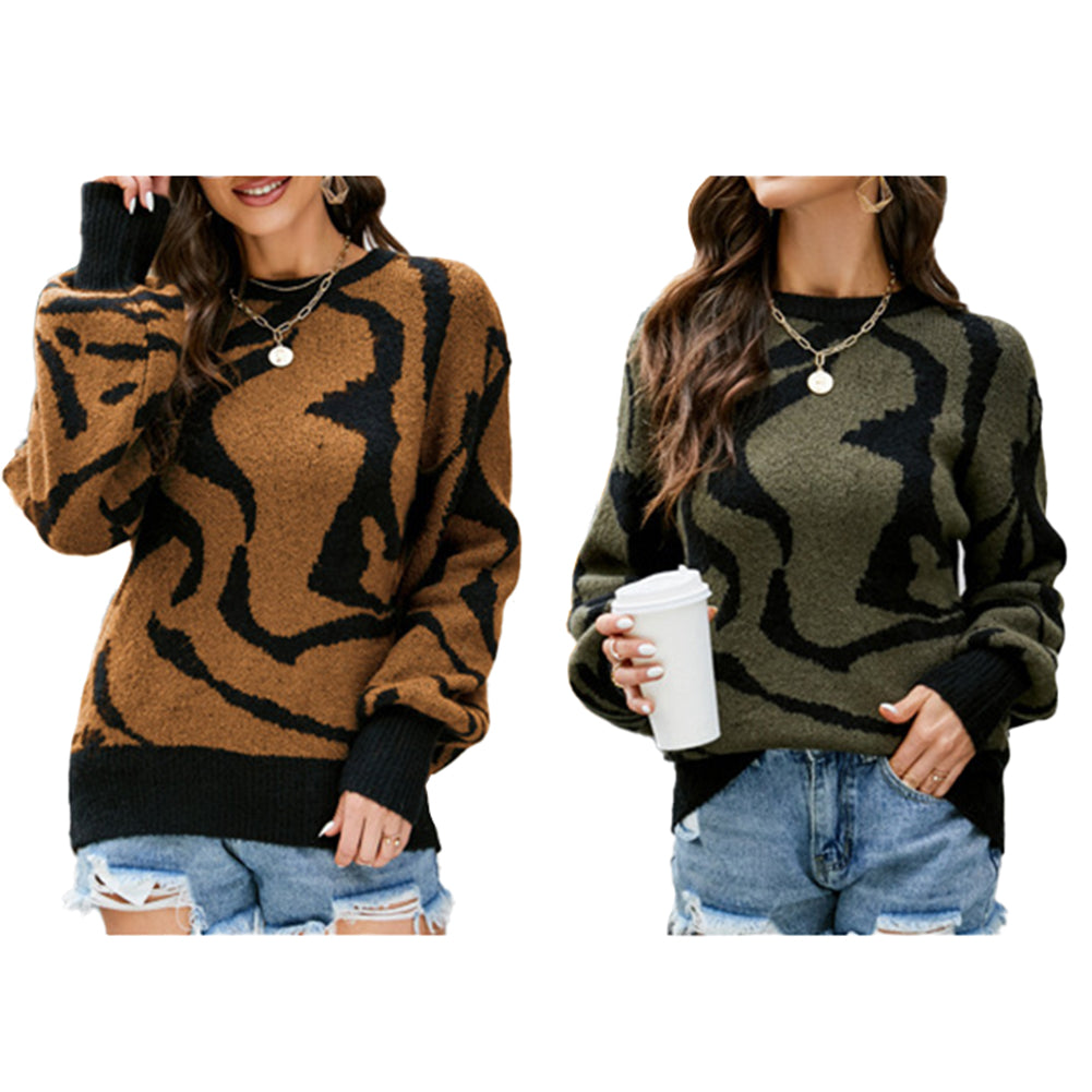 YESFASHION Crew Neck Zebra Print Pullover Sweaters